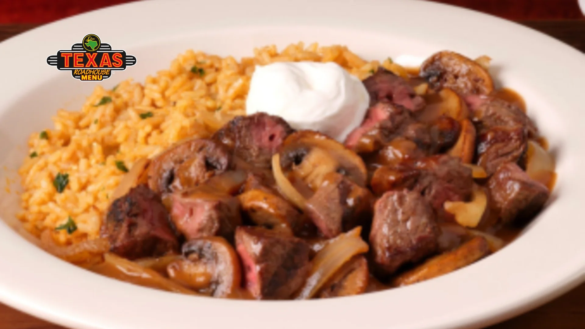 Beef Tips is a plate served with rice